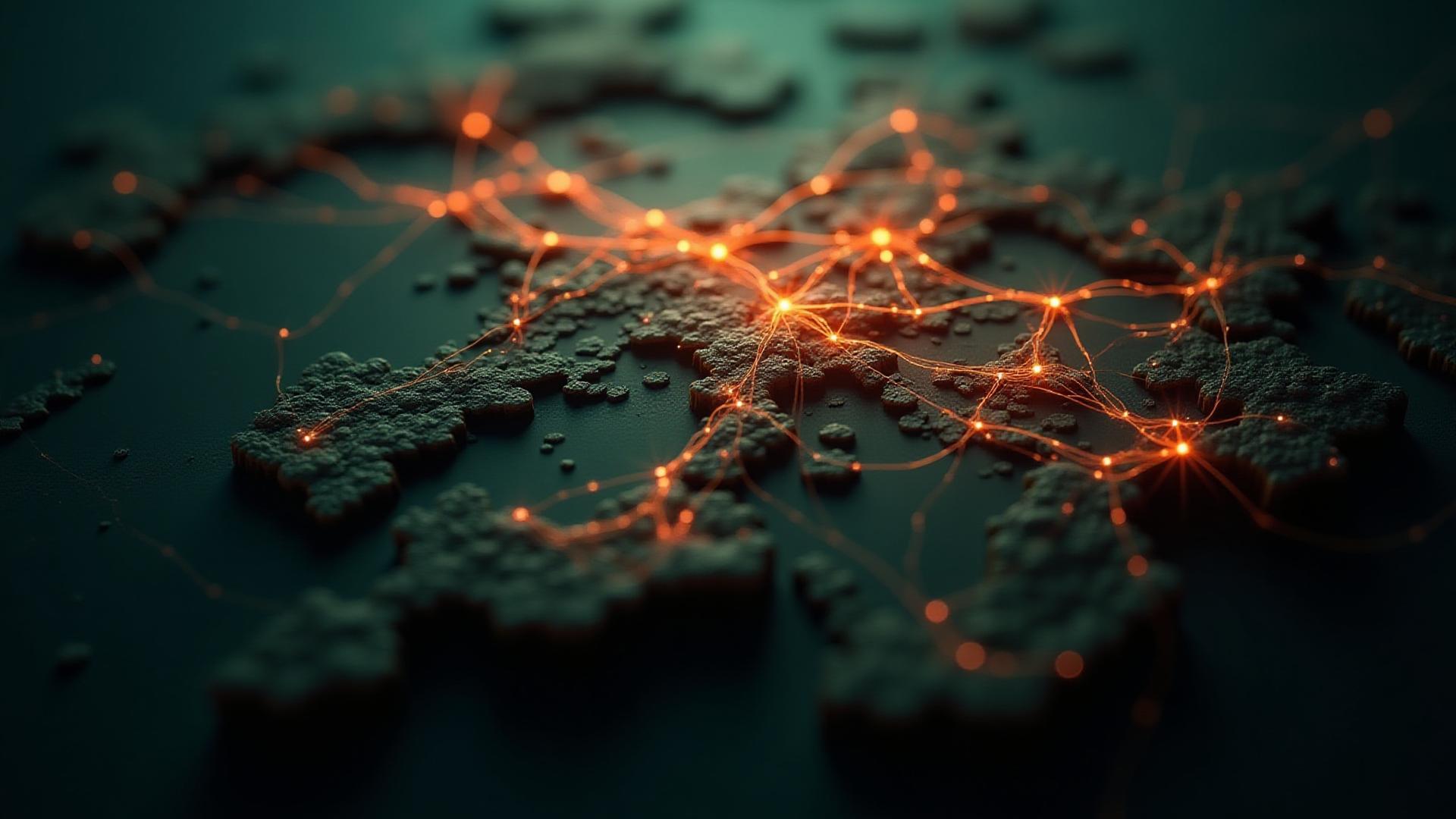 디지털화된 지질도와 뉴럴 네트워크 그래픽이 겹쳐진 미래적인 이미지